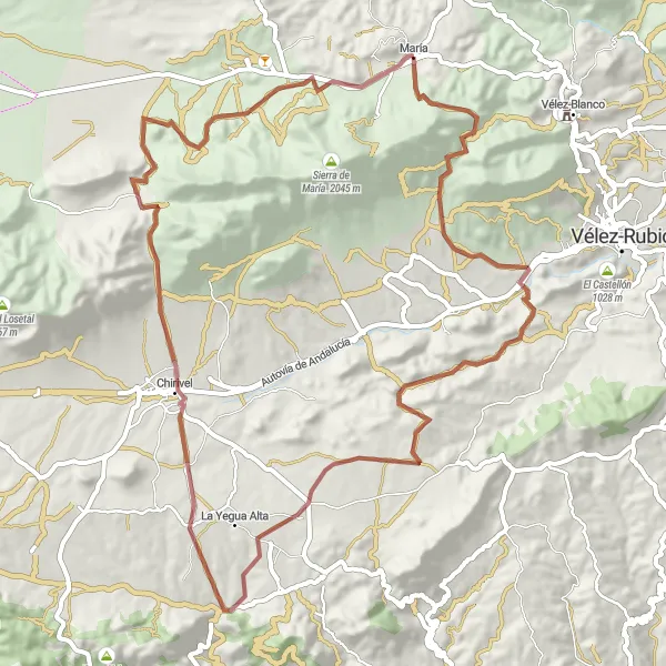 Miniature de la carte de l'inspiration cycliste "Les Collines de María" dans la Andalucía, Spain. Générée par le planificateur d'itinéraire cycliste Tarmacs.app