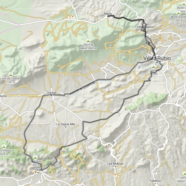 Map miniature of "Road Route: María to Vélez-Blanco via Oria and El Roquez" cycling inspiration in Andalucía, Spain. Generated by Tarmacs.app cycling route planner