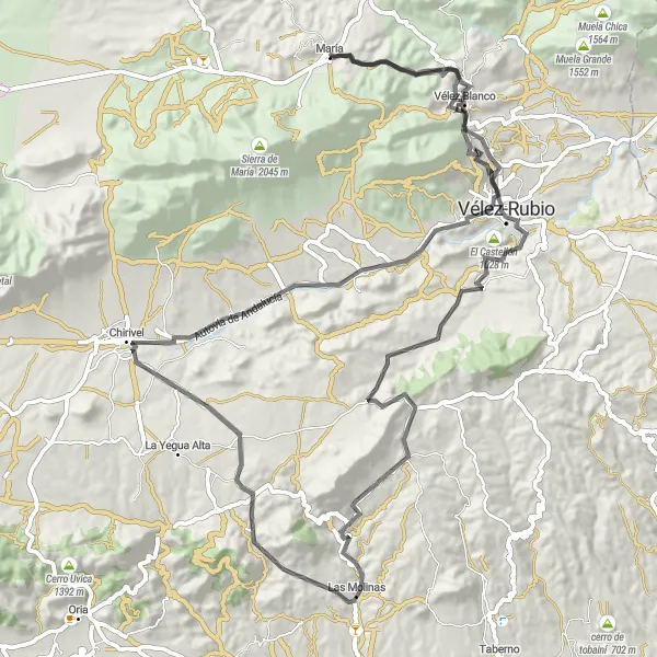 Miniature de la carte de l'inspiration cycliste "Parcours pittoresque entre María et Vélez-Blanco" dans la Andalucía, Spain. Générée par le planificateur d'itinéraire cycliste Tarmacs.app