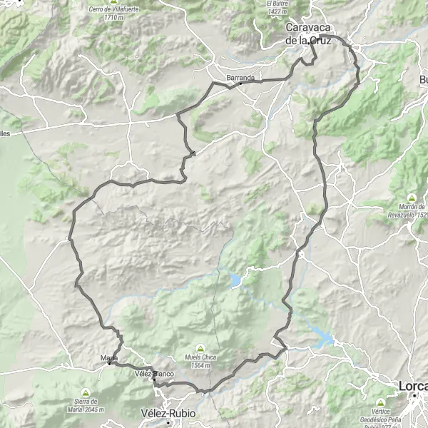 Miniatura mapy "Trasa szosowa do Vélez-Blanco" - trasy rowerowej w Andalucía, Spain. Wygenerowane przez planer tras rowerowych Tarmacs.app