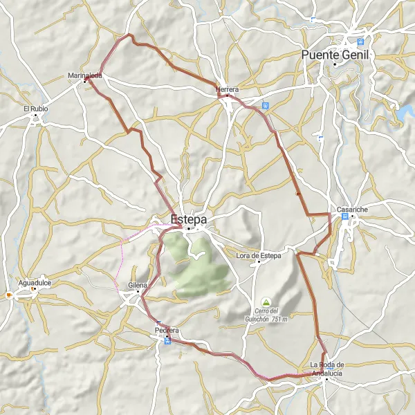 Miniaturekort af cykelinspirationen "Gravel Tour fra Marinaleda til La Roda de Andalucía" i Andalucía, Spain. Genereret af Tarmacs.app cykelruteplanlægger