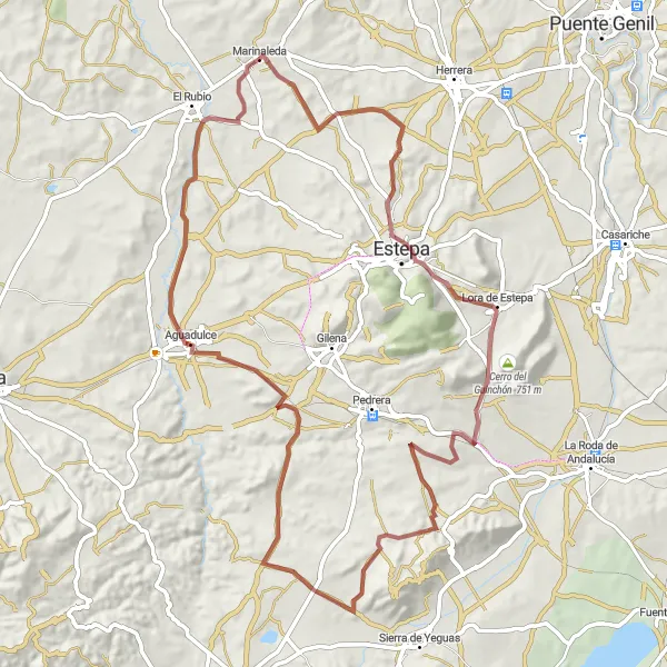 Miniature de la carte de l'inspiration cycliste "Tour de vélo du gravier autour de Marinaleda" dans la Andalucía, Spain. Générée par le planificateur d'itinéraire cycliste Tarmacs.app