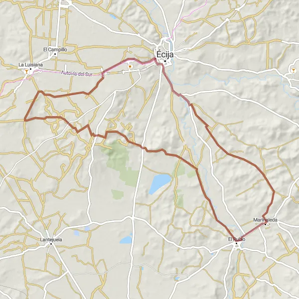 Miniatura della mappa di ispirazione al ciclismo "Avventura in stile gravel" nella regione di Andalucía, Spain. Generata da Tarmacs.app, pianificatore di rotte ciclistiche