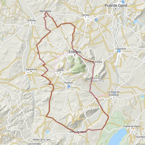 Miniatura della mappa di ispirazione al ciclismo "Viaggio in bicicletta in sterrato verso Marinaleda" nella regione di Andalucía, Spain. Generata da Tarmacs.app, pianificatore di rotte ciclistiche