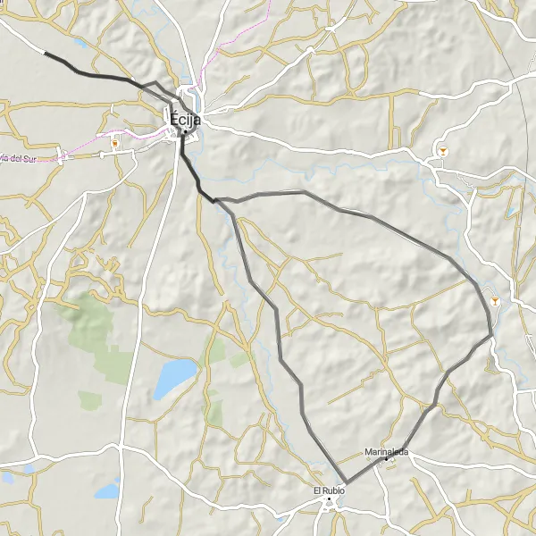Miniatura mapy "Trasa Szosowa z Marinaleda" - trasy rowerowej w Andalucía, Spain. Wygenerowane przez planer tras rowerowych Tarmacs.app