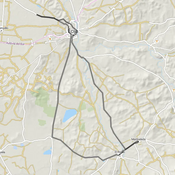 Miniatura mapy "Trasa Szosowa z Marinaleda" - trasy rowerowej w Andalucía, Spain. Wygenerowane przez planer tras rowerowych Tarmacs.app