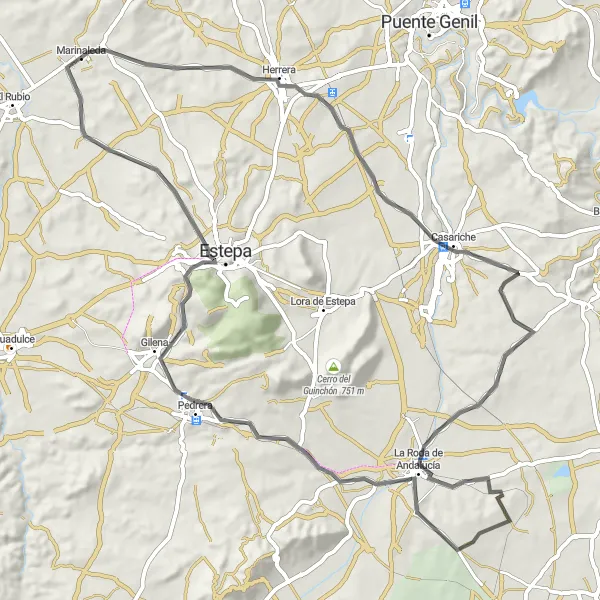 Miniatura della mappa di ispirazione al ciclismo "Esplorazione in bici delle cittadine rurali vicino a Marinaleda" nella regione di Andalucía, Spain. Generata da Tarmacs.app, pianificatore di rotte ciclistiche