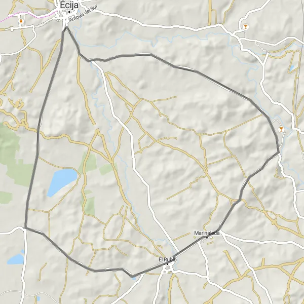 Miniatura della mappa di ispirazione al ciclismo "Giro in bici su strada tra Marinaleda" nella regione di Andalucía, Spain. Generata da Tarmacs.app, pianificatore di rotte ciclistiche
