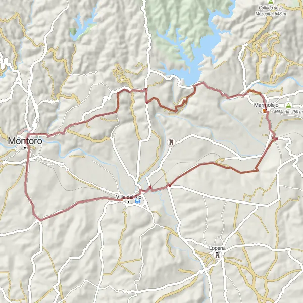 Miniatuurkaart van de fietsinspiratie "Avontuurlijke Gravelroute rond Marmolejo" in Andalucía, Spain. Gemaakt door de Tarmacs.app fietsrouteplanner