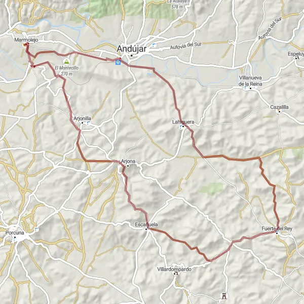 Miniaturní mapa "Gravelová cyklostezka Marmolejo - Arjona - Fuerte del Rey" inspirace pro cyklisty v oblasti Andalucía, Spain. Vytvořeno pomocí plánovače tras Tarmacs.app