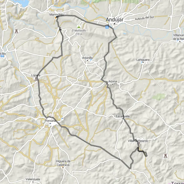 Map miniature of "Marmolejo Circuit" cycling inspiration in Andalucía, Spain. Generated by Tarmacs.app cycling route planner