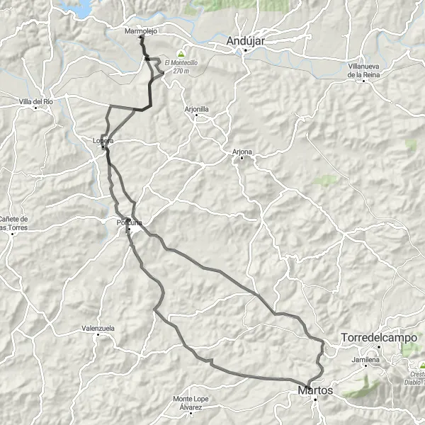 Miniatura della mappa di ispirazione al ciclismo "Tour in Bicicletta Stradale da Marmolejo a Lopera" nella regione di Andalucía, Spain. Generata da Tarmacs.app, pianificatore di rotte ciclistiche