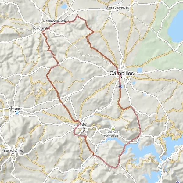 Miniature de la carte de l'inspiration cycliste "Sur les Chemins de Graviers" dans la Andalucía, Spain. Générée par le planificateur d'itinéraire cycliste Tarmacs.app