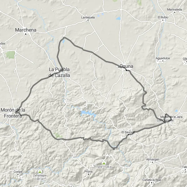 Miniature de la carte de l'inspiration cycliste "Route des villages blancs d'Andalousie" dans la Andalucía, Spain. Générée par le planificateur d'itinéraire cycliste Tarmacs.app