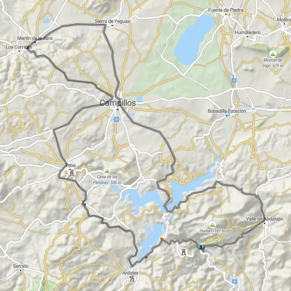 Miniature de la carte de l'inspiration cycliste "Montées et Vallées" dans la Andalucía, Spain. Générée par le planificateur d'itinéraire cycliste Tarmacs.app