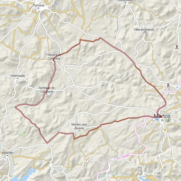 Miniature de la carte de l'inspiration cycliste "Exploration de Higuera de Calatrava" dans la Andalucía, Spain. Générée par le planificateur d'itinéraire cycliste Tarmacs.app
