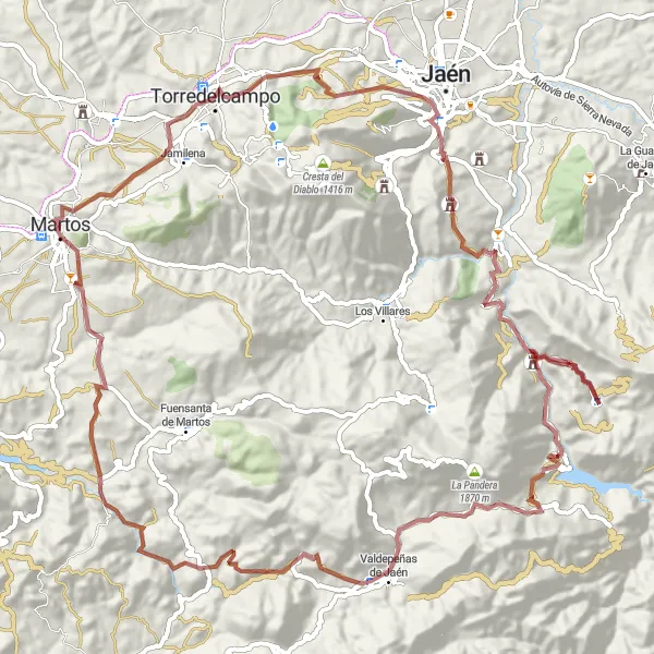 Miniatura della mappa di ispirazione al ciclismo "Tour emozionante tra Torredelcampo e Castillo de la Peña" nella regione di Andalucía, Spain. Generata da Tarmacs.app, pianificatore di rotte ciclistiche