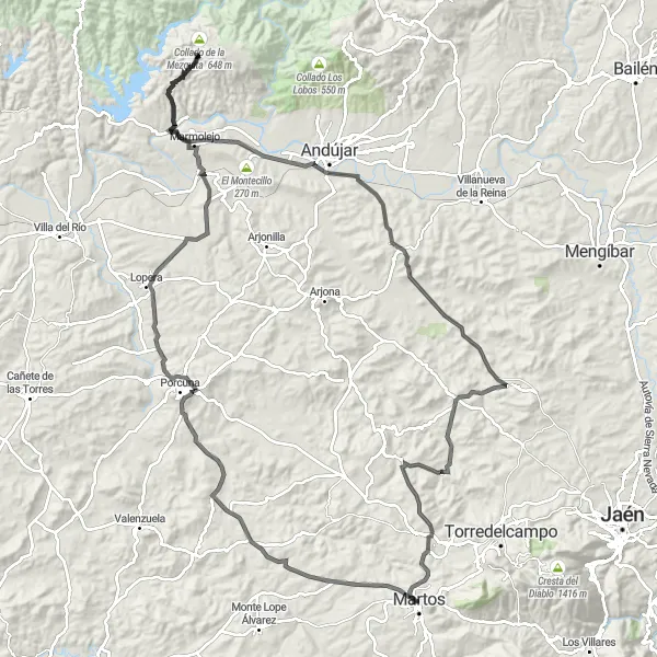 Miniatura della mappa di ispirazione al ciclismo "Giro avvincente tra Porcuna e Marmolejo" nella regione di Andalucía, Spain. Generata da Tarmacs.app, pianificatore di rotte ciclistiche