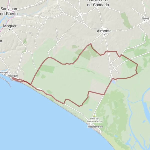 Miniatura della mappa di ispirazione al ciclismo "Gravel tour to El Rocío and Cuesta de Maneli" nella regione di Andalucía, Spain. Generata da Tarmacs.app, pianificatore di rotte ciclistiche