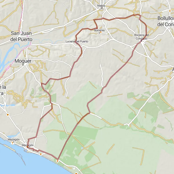 Map miniature of "The Gravels of Condado" cycling inspiration in Andalucía, Spain. Generated by Tarmacs.app cycling route planner