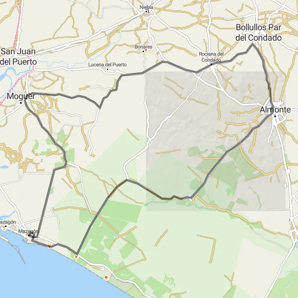 Map miniature of "The Moguer and Almonte Scenic Loop" cycling inspiration in Andalucía, Spain. Generated by Tarmacs.app cycling route planner