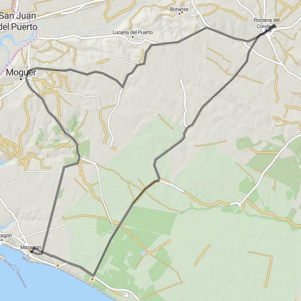 Map miniature of "The Road to Moguer" cycling inspiration in Andalucía, Spain. Generated by Tarmacs.app cycling route planner