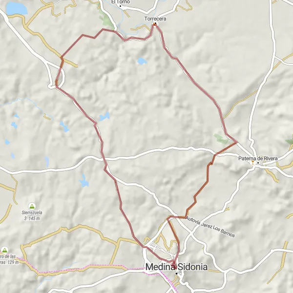 Map miniature of "Gravel Adventure: Medina Sidonia Loop" cycling inspiration in Andalucía, Spain. Generated by Tarmacs.app cycling route planner