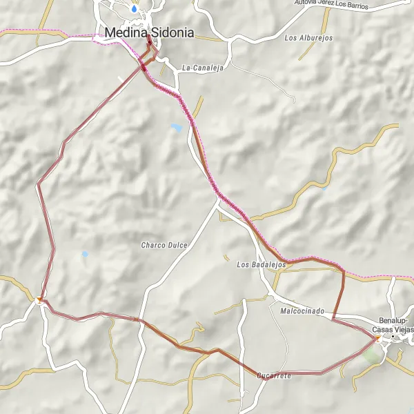 Karten-Miniaturansicht der Radinspiration "Naturverbundene Schotterroute um Medina Sidonia" in Andalucía, Spain. Erstellt vom Tarmacs.app-Routenplaner für Radtouren