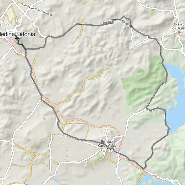 Map miniature of "Scenic Road Ride to Pantano Barbate" cycling inspiration in Andalucía, Spain. Generated by Tarmacs.app cycling route planner