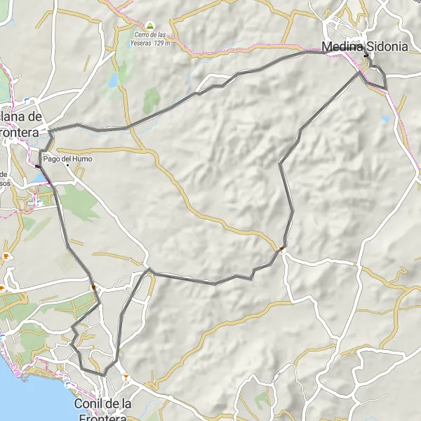 Map miniature of "Scenic Road Adventure: Medina Sidonia Circuit" cycling inspiration in Andalucía, Spain. Generated by Tarmacs.app cycling route planner