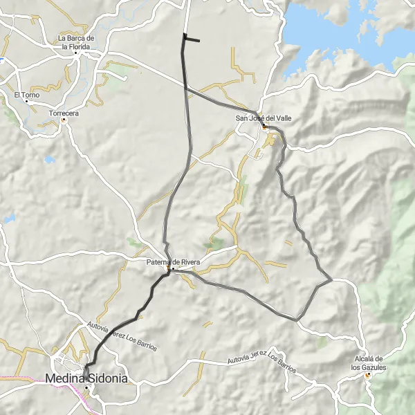 Map miniature of "The Road to Paterna de Rivera" cycling inspiration in Andalucía, Spain. Generated by Tarmacs.app cycling route planner