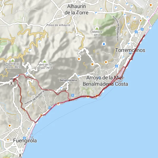 Map miniature of "Mijas to Torreblanca Gravel Ride" cycling inspiration in Andalucía, Spain. Generated by Tarmacs.app cycling route planner