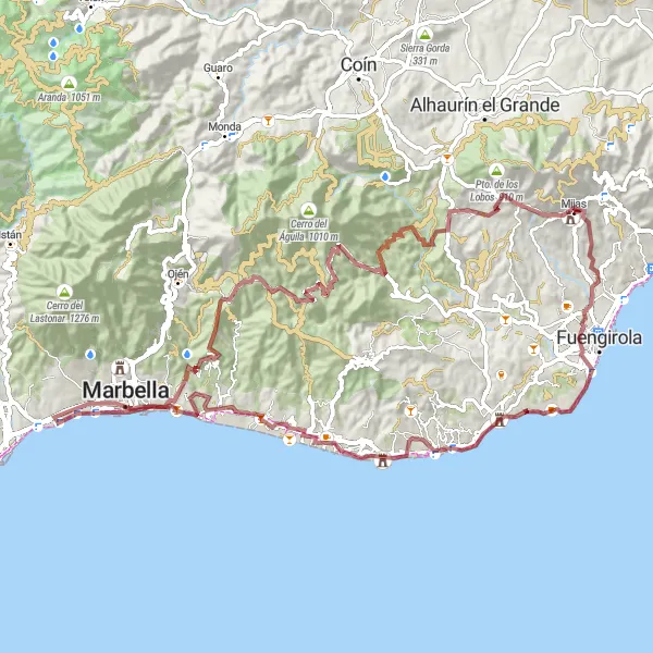Miniatua del mapa de inspiración ciclista "Ruta en bicicleta de grava desde Mijas hacia La Cala de Mijas, Marbella y Castillo de Mijas" en Andalucía, Spain. Generado por Tarmacs.app planificador de rutas ciclistas