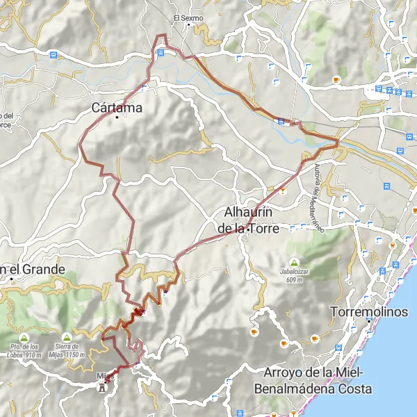 Miniatua del mapa de inspiración ciclista "Ruta en bicicleta de grava desde Mijas hacia Cártama" en Andalucía, Spain. Generado por Tarmacs.app planificador de rutas ciclistas