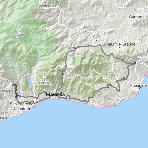 Miniatua del mapa de inspiración ciclista "Ruta en bicicleta de carretera desde Mijas hacia Marbella y Ojén" en Andalucía, Spain. Generado por Tarmacs.app planificador de rutas ciclistas