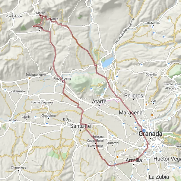 Miniatura della mappa di ispirazione al ciclismo "Tour in bicicletta avventuroso da Moclín" nella regione di Andalucía, Spain. Generata da Tarmacs.app, pianificatore di rotte ciclistiche