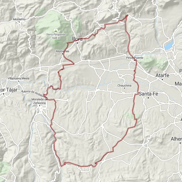 Miniatua del mapa de inspiración ciclista "Ruta de los Pueblos Blancos y Sierra de Moclín" en Andalucía, Spain. Generado por Tarmacs.app planificador de rutas ciclistas