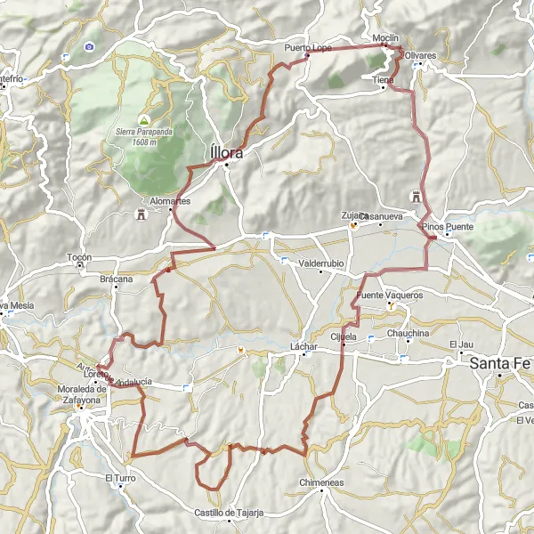 Map miniature of "Moclín Circuit via Pinos Puente" cycling inspiration in Andalucía, Spain. Generated by Tarmacs.app cycling route planner