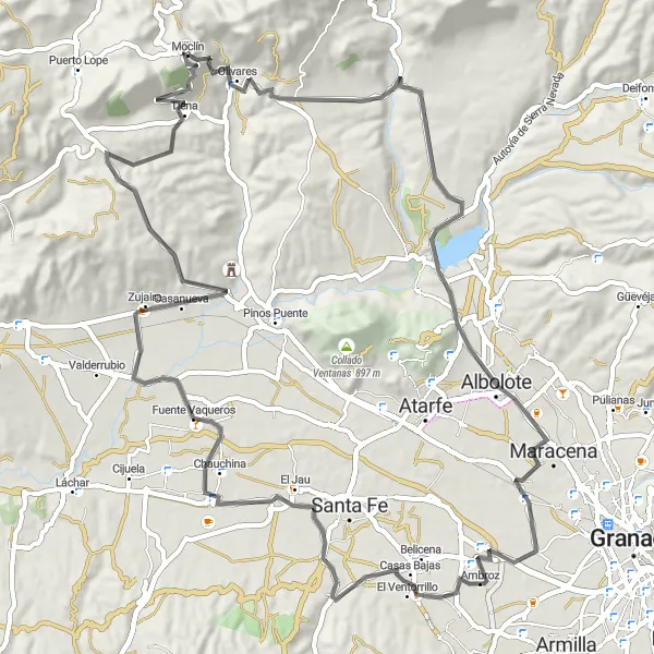 Miniatuurkaart van de fietsinspiratie "Roadtrip van Moclín naar Morrón de Catena" in Andalucía, Spain. Gemaakt door de Tarmacs.app fietsrouteplanner