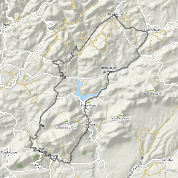 Miniatura mapy "Szlak wzdłuż Peña del Hacho" - trasy rowerowej w Andalucía, Spain. Wygenerowane przez planer tras rowerowych Tarmacs.app