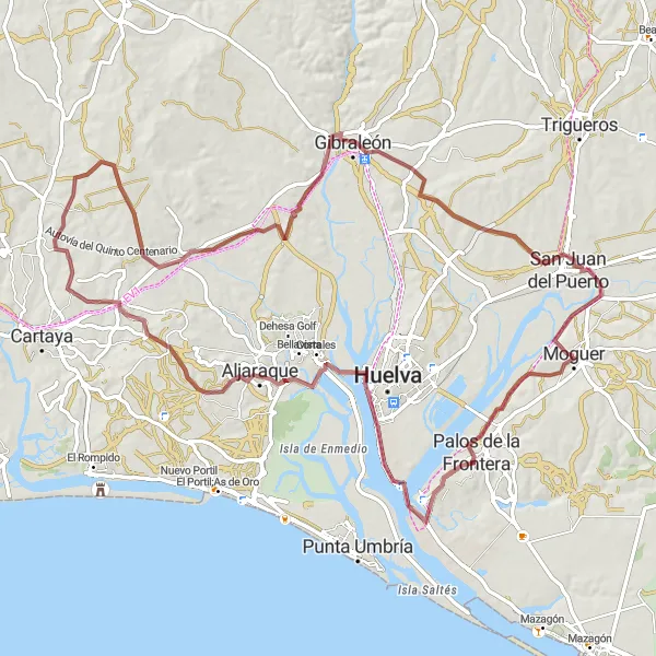 Map miniature of "Moguer to Punta del Sebo Extended Gravel Route" cycling inspiration in Andalucía, Spain. Generated by Tarmacs.app cycling route planner
