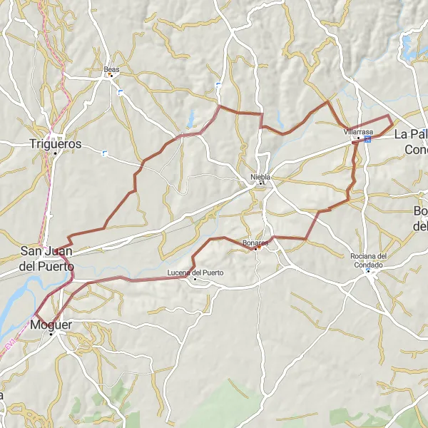 Map miniature of "Gravel Cycling Excursion from Moguer to San Juan del Puerto and Bonares" cycling inspiration in Andalucía, Spain. Generated by Tarmacs.app cycling route planner