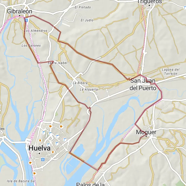 Map miniature of "Moguer Gravel Loop" cycling inspiration in Andalucía, Spain. Generated by Tarmacs.app cycling route planner