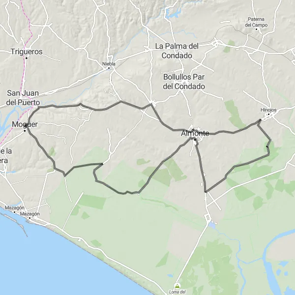 Map miniature of "Cycling Tour from Moguer to Lucena del Puerto, Rociana del Condado, Almonte, and back" cycling inspiration in Andalucía, Spain. Generated by Tarmacs.app cycling route planner