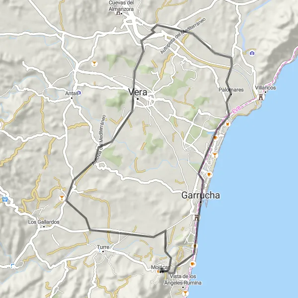 Miniatura mapy "Trasa na rowerze szosowym do Las Alparatas, Cerro Espíritu Santo i Vera" - trasy rowerowej w Andalucía, Spain. Wygenerowane przez planer tras rowerowych Tarmacs.app