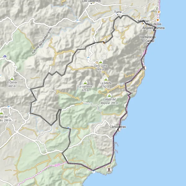 Miniatura della mappa di ispirazione al ciclismo "Scoperte storiche a Mojacar" nella regione di Andalucía, Spain. Generata da Tarmacs.app, pianificatore di rotte ciclistiche