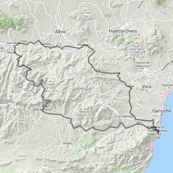 Miniatua del mapa de inspiración ciclista "Ruta desde Mojacar a Las Alparatas" en Andalucía, Spain. Generado por Tarmacs.app planificador de rutas ciclistas