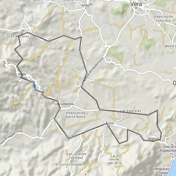 Miniatua del mapa de inspiración ciclista "Ruta de Carretera por Mojacar y Alrededores" en Andalucía, Spain. Generado por Tarmacs.app planificador de rutas ciclistas