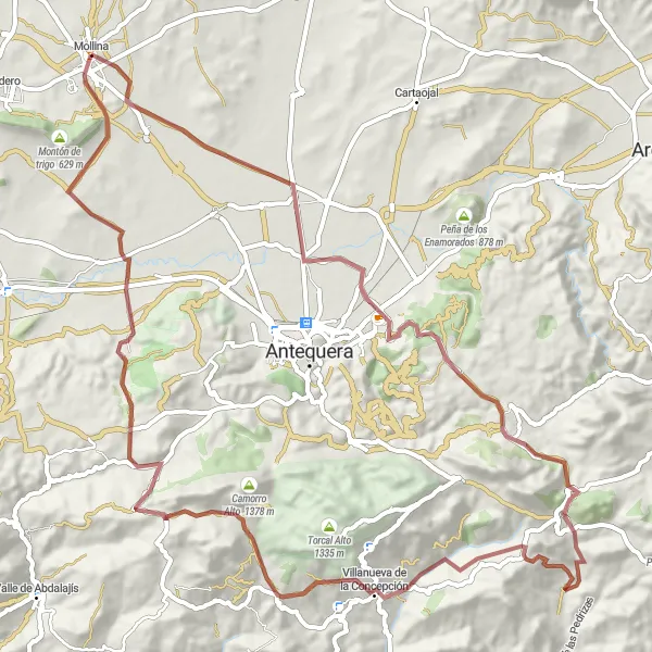 Map miniature of "Hidden Gravel Gems near Mollina" cycling inspiration in Andalucía, Spain. Generated by Tarmacs.app cycling route planner