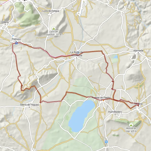 Map miniature of "The Pedrera Route" cycling inspiration in Andalucía, Spain. Generated by Tarmacs.app cycling route planner